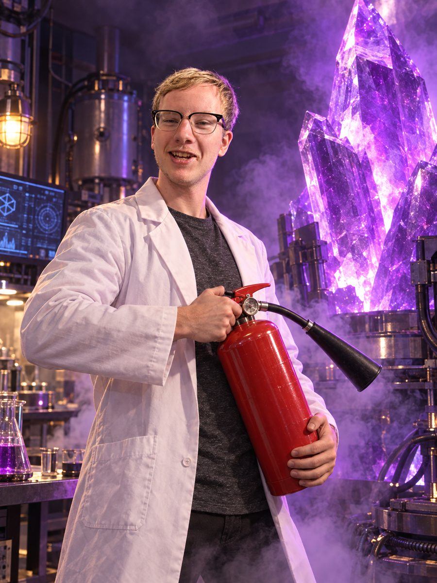 Dr. Bitz with a fire extinguisher in his lab