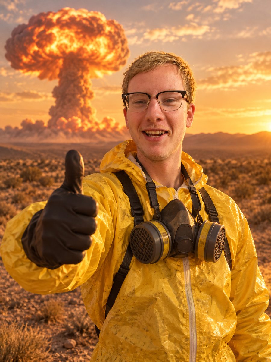 Dr. Bitz in a hazmat suit near a mushroom cloud