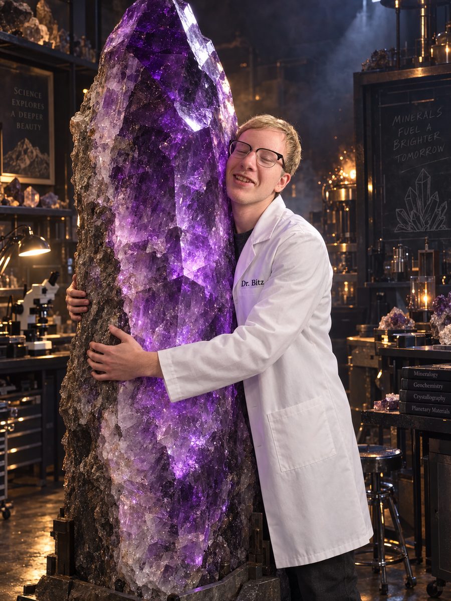 Dr. Bitz hugging a giant purple crystal