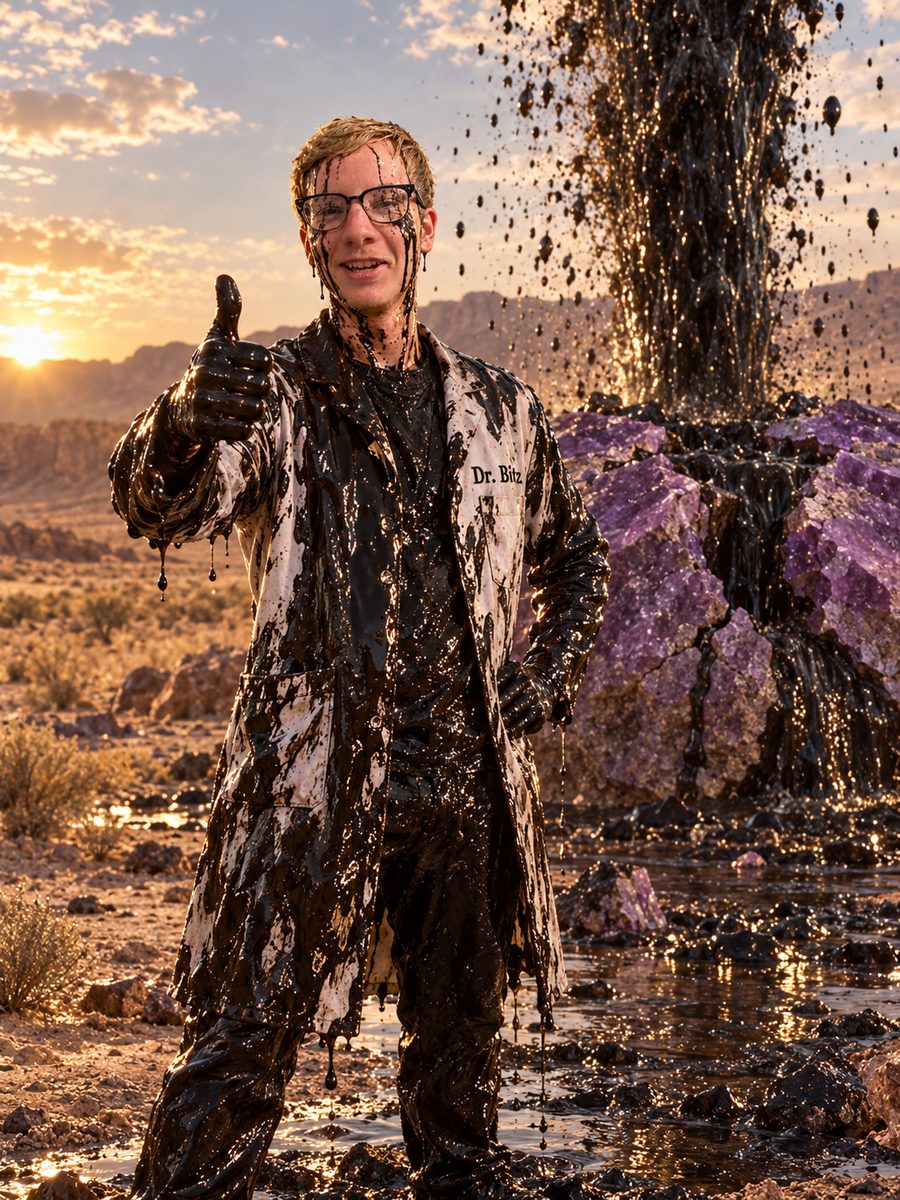 Dr. Bitz covered in oil giving a thumbs up